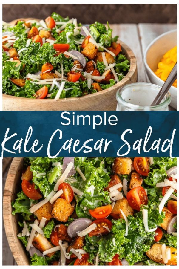 Kale Caesar Salad is the perfect side salad for any meal! It's just like a classic caesar salad, but with a twist. You've got the homemade croutons and the caesar dressing, but we're throwing in kale instead of romaine, and adding some tomatoes and shallots for extra flavor. This salad recipe is good!