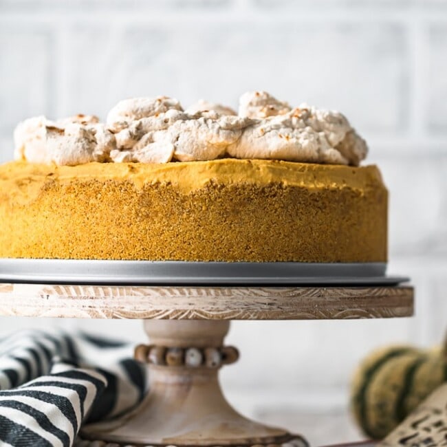 No bake pumpkin cheesecake on a wooden stand.