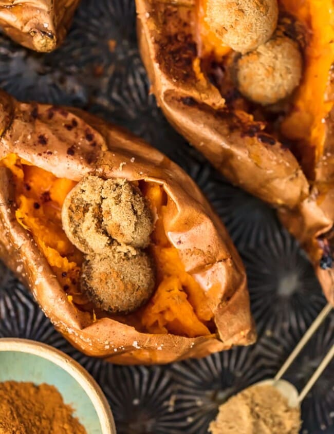 The Perfect Baked Sweet Potato is easy to achieve. So if you're wondering how to bake sweet potatoes, then you've come to the right place! Find out how long to bake sweet potatoes, plus my favorite SIMPLE way to eat them (with butter and cinnamon sugar!).