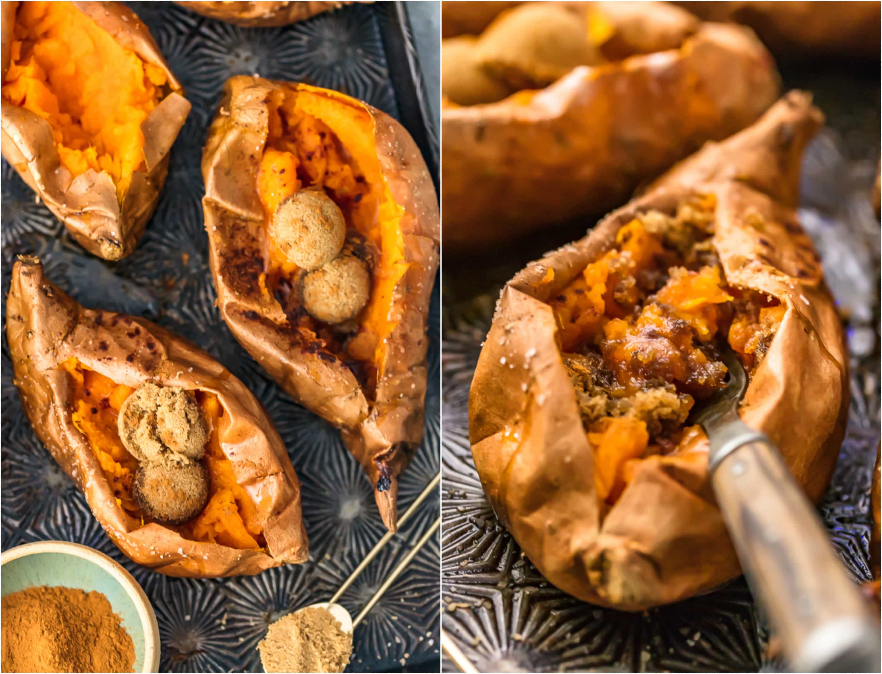 photo collage: baked sweet potatoes with cinnamon sugar