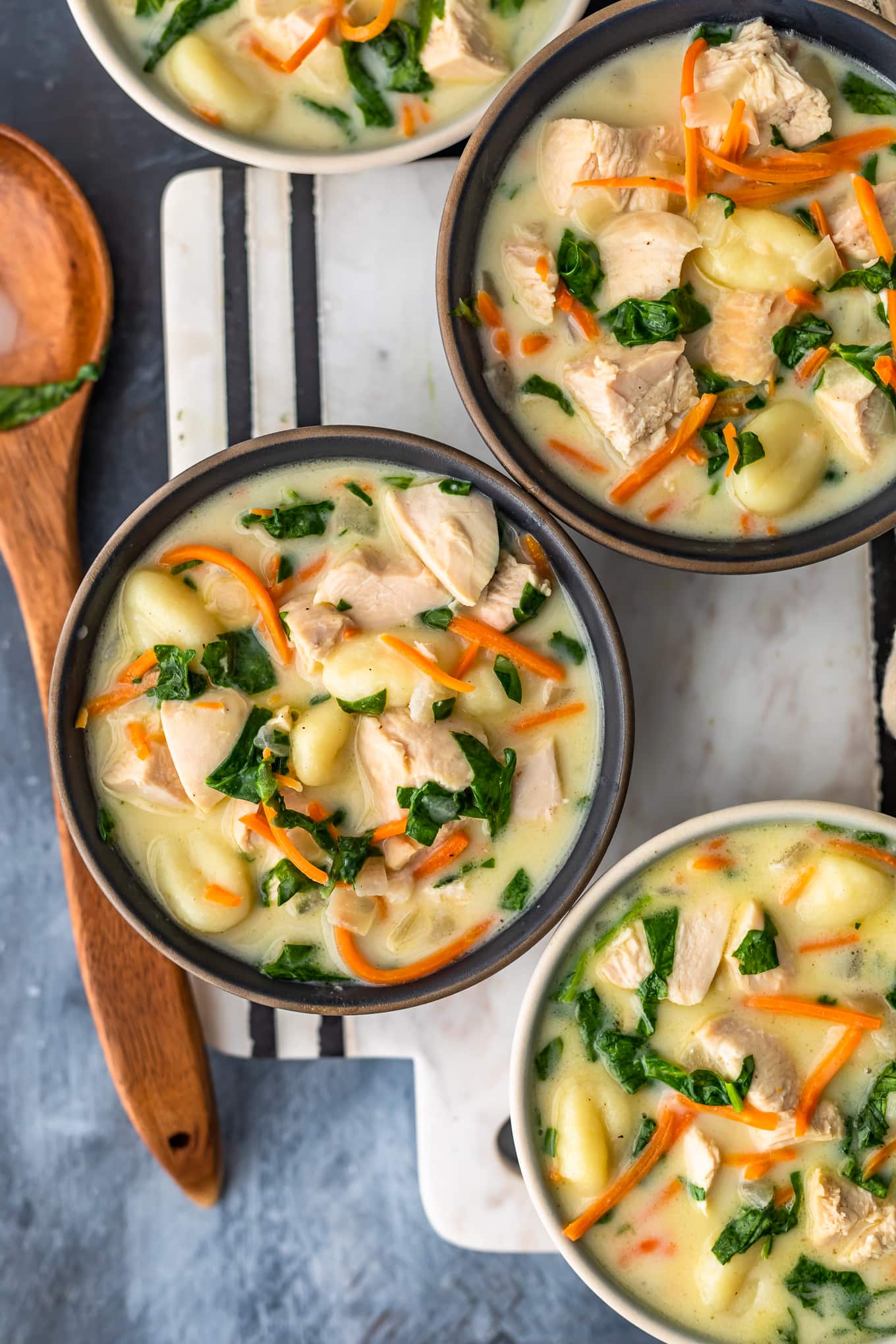 bowls of creamy chicken gnocchi soup