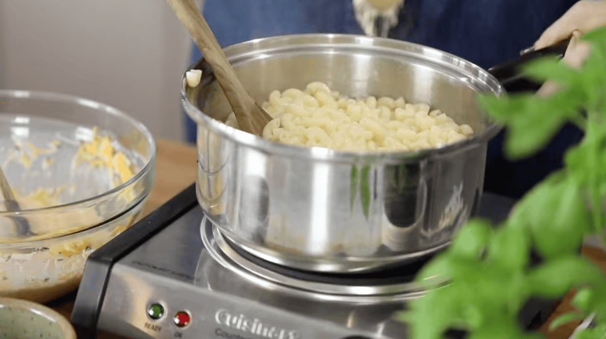 boiling noodles in a pot.