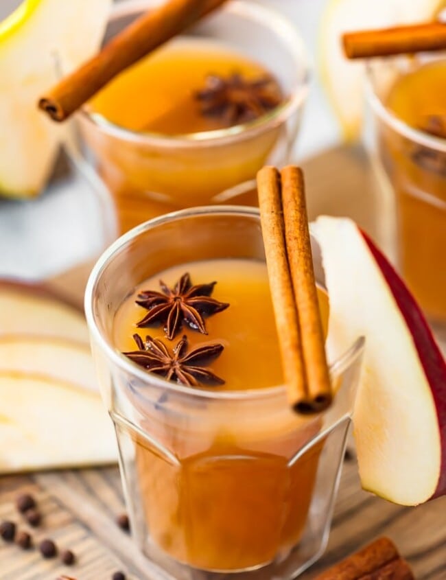 Pear Cider is an awesome fall drink. This Spiced Pear Cider recipe is a blend of pear juice, apple cider, ginger liqueur, and plenty of spice! It's an alcoholic drink, but you can make a non-alcoholic version too. Warm, delicious, and perfect for the holidays!