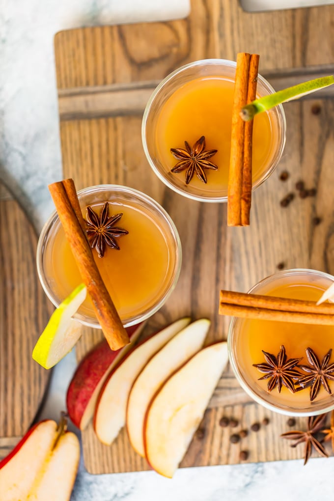 three glasses of pear cider viewed from above