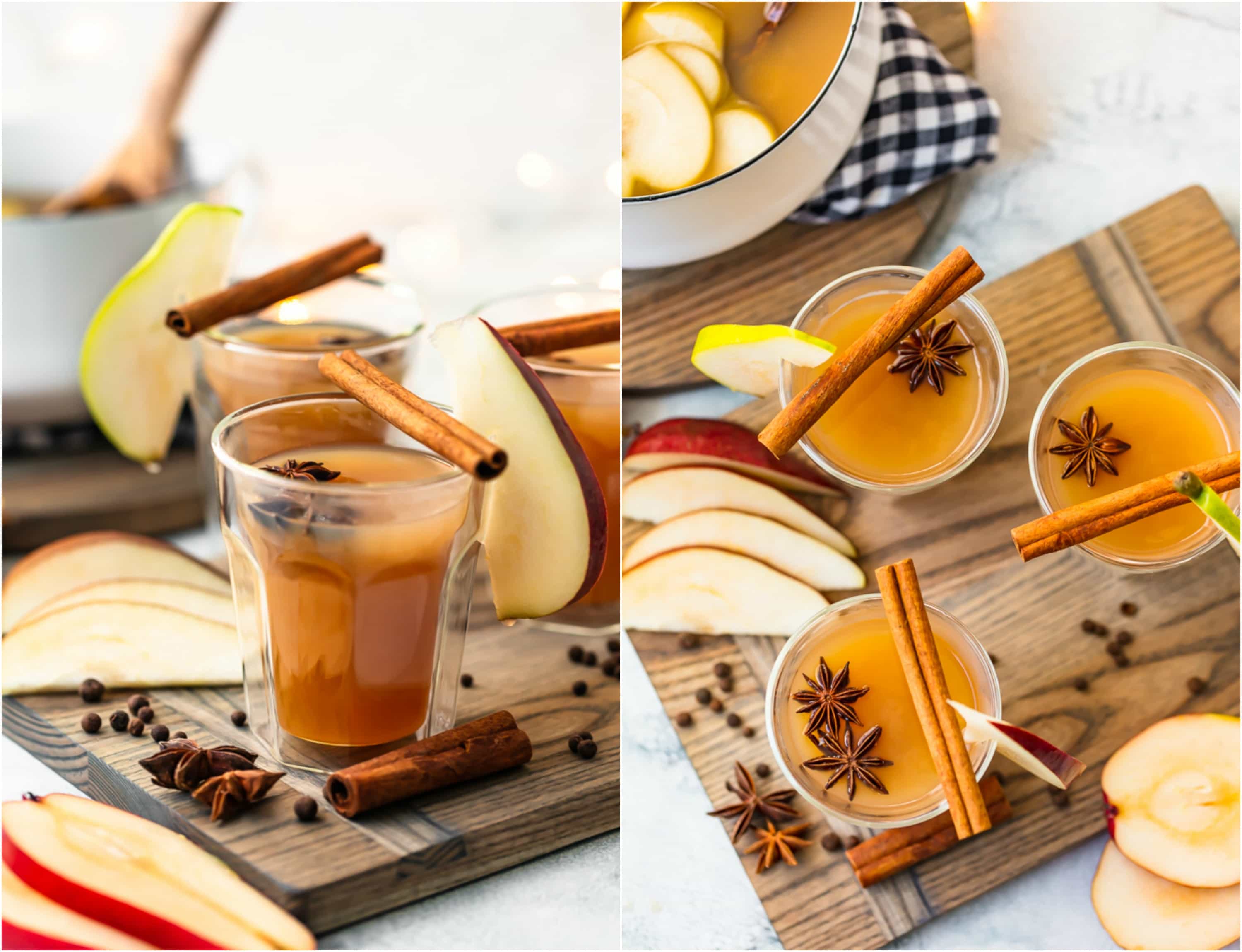 photo collage: on the left, a glass of pear cider viewed from the side, on the right, glasses of pear cider viewed from above