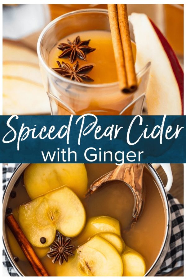 Pear Cider is an awesome fall drink. This Spiced Pear Cider recipe is a blend of pear juice, apple cider, ginger liqueur, and plenty of spice! It's an alcoholic drink, but you can make a non-alcoholic version too. Warm, delicious, and perfect for the holidays!