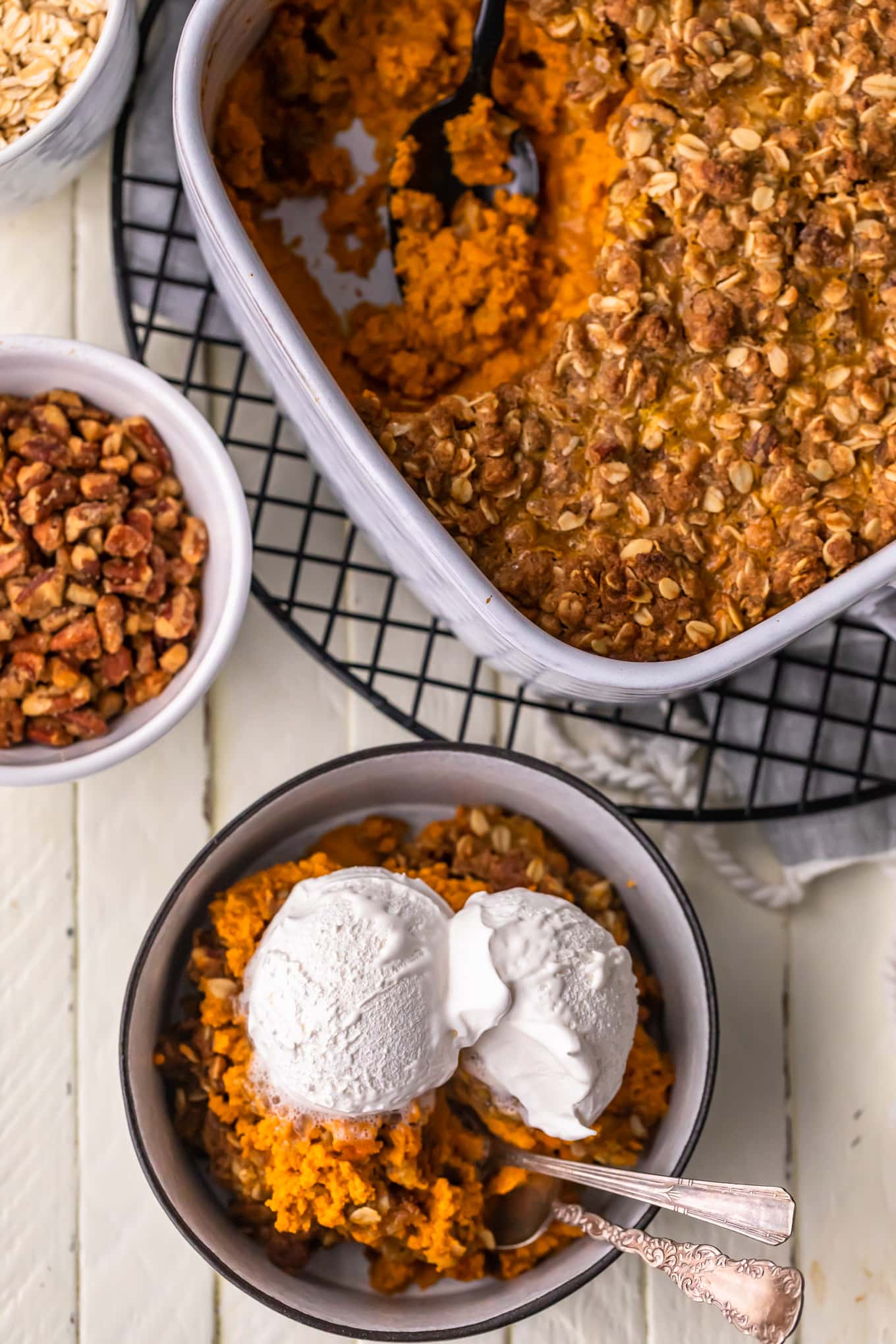 pumpkin crumble in a white baking dish