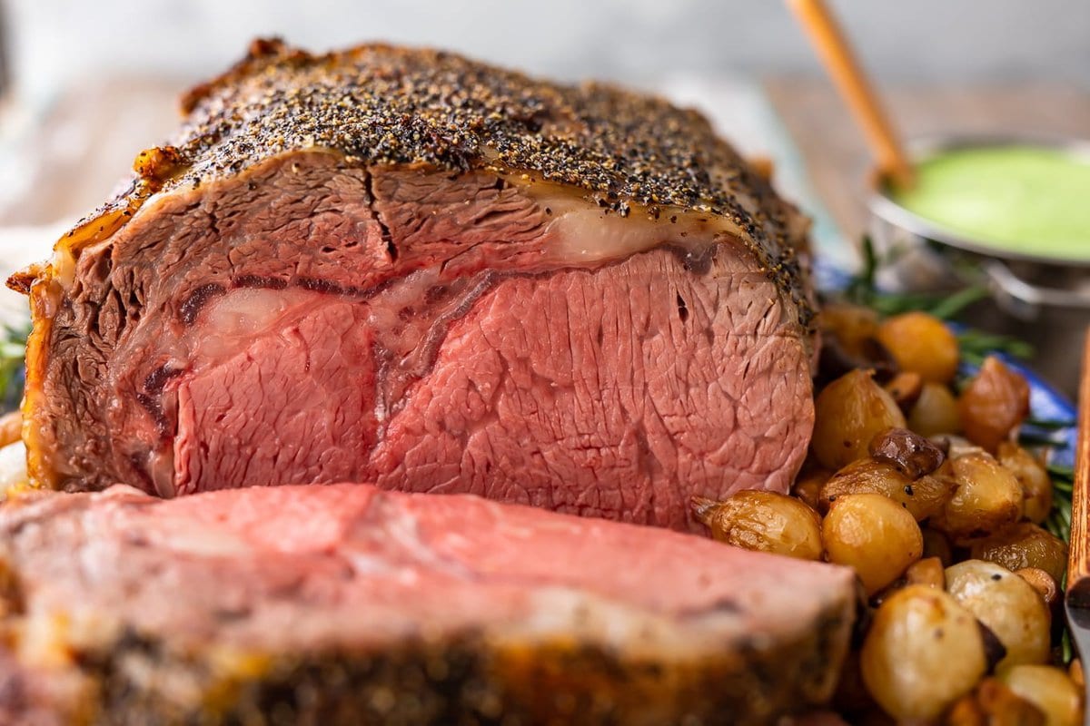 prime rib partially cut into slices