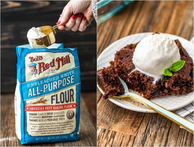 photo collage of bobs red mill flour and pudding cake and ice cream on a plate