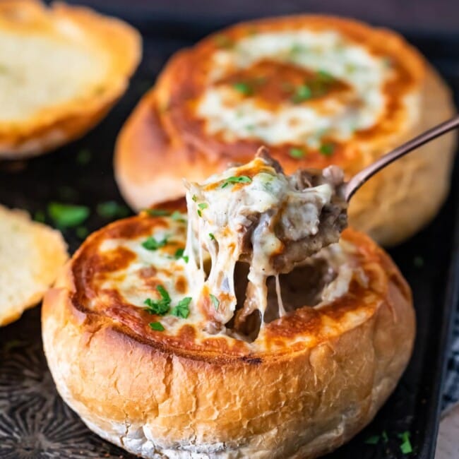 Philly Cheese Steak Soup is the most delicious soup recipe you'll eat this season. If you like cheesesteak sandwiches, then you'll love this bread bowl soup recipe.