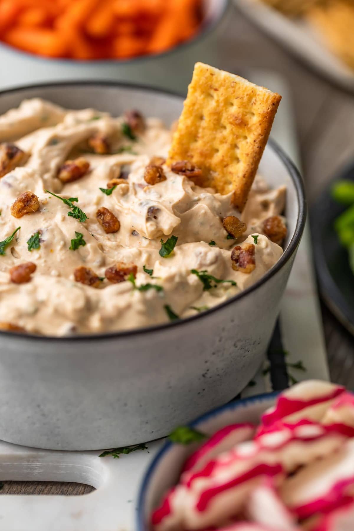 a bowl of blue cheese dip with a cracker dipped in