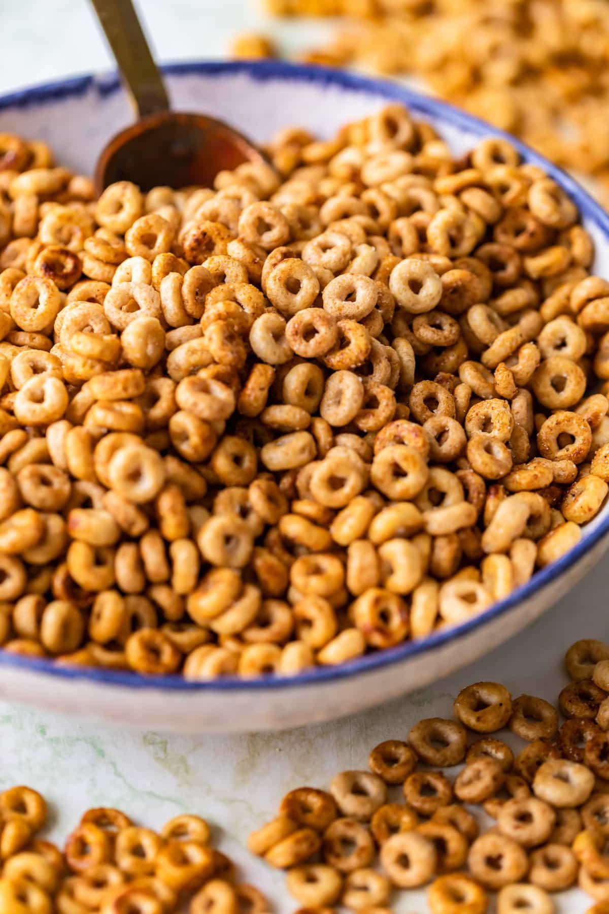 serving bowl filled with sweet and salty cheerios snack mix