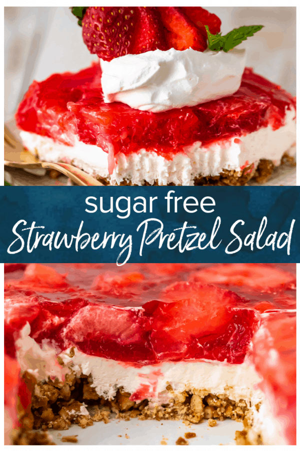 Strawberry Pretzel Salad is an absolute must make during the holidays, especially when you can make it SUGAR FREE but just as delicious as the traditional version! This Sugar Free Strawberry Pretzel Salad recipe is made with layers of salty and buttery pretzels, low fat cream cheese/whipped cream, and of course and tangy strawberry jello topping. It's a delicious side dish or even dessert for Christmas, Easter, Thanksgiving, and beyond!