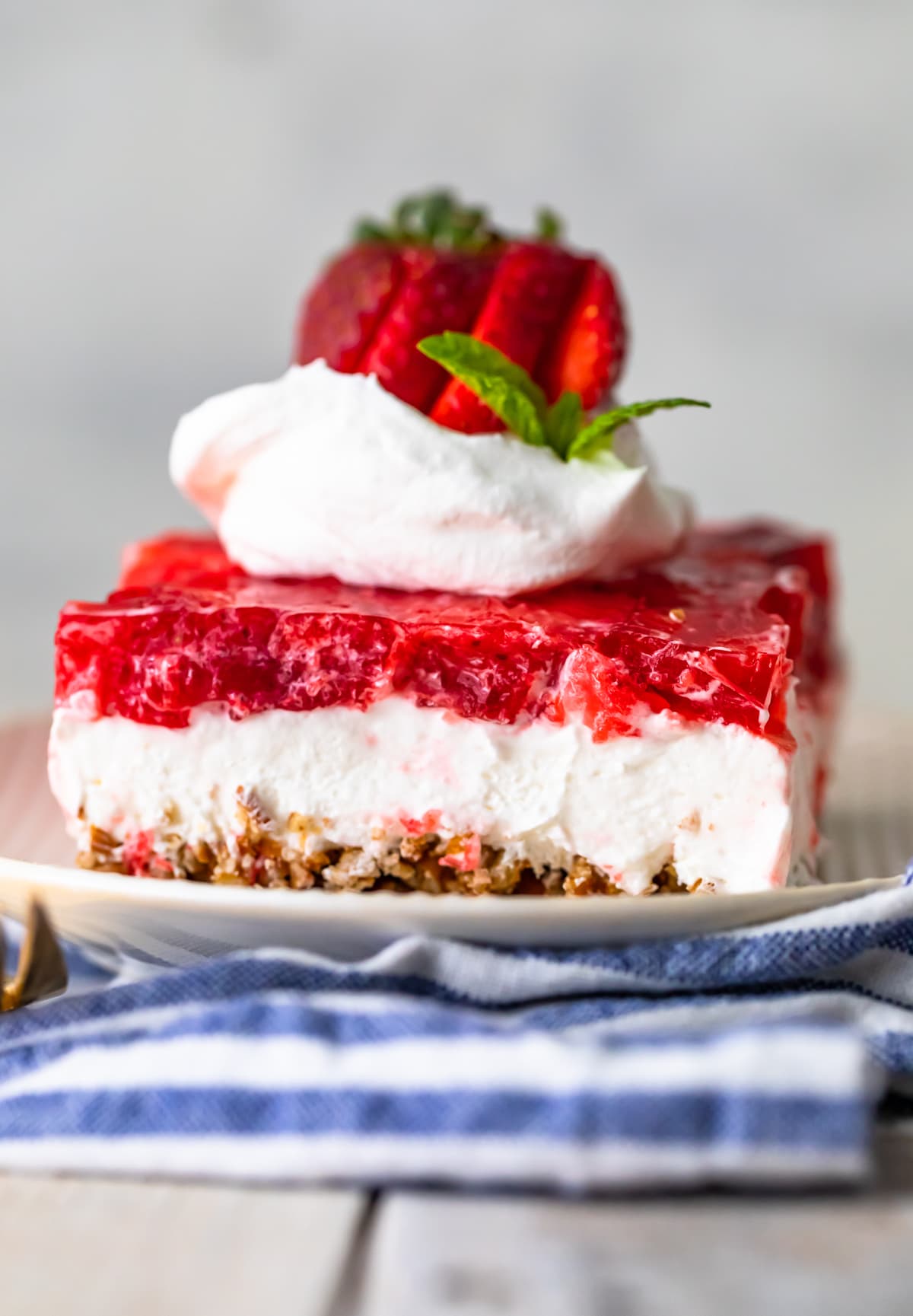 Strawberry Pretzel Salad piece on a plate