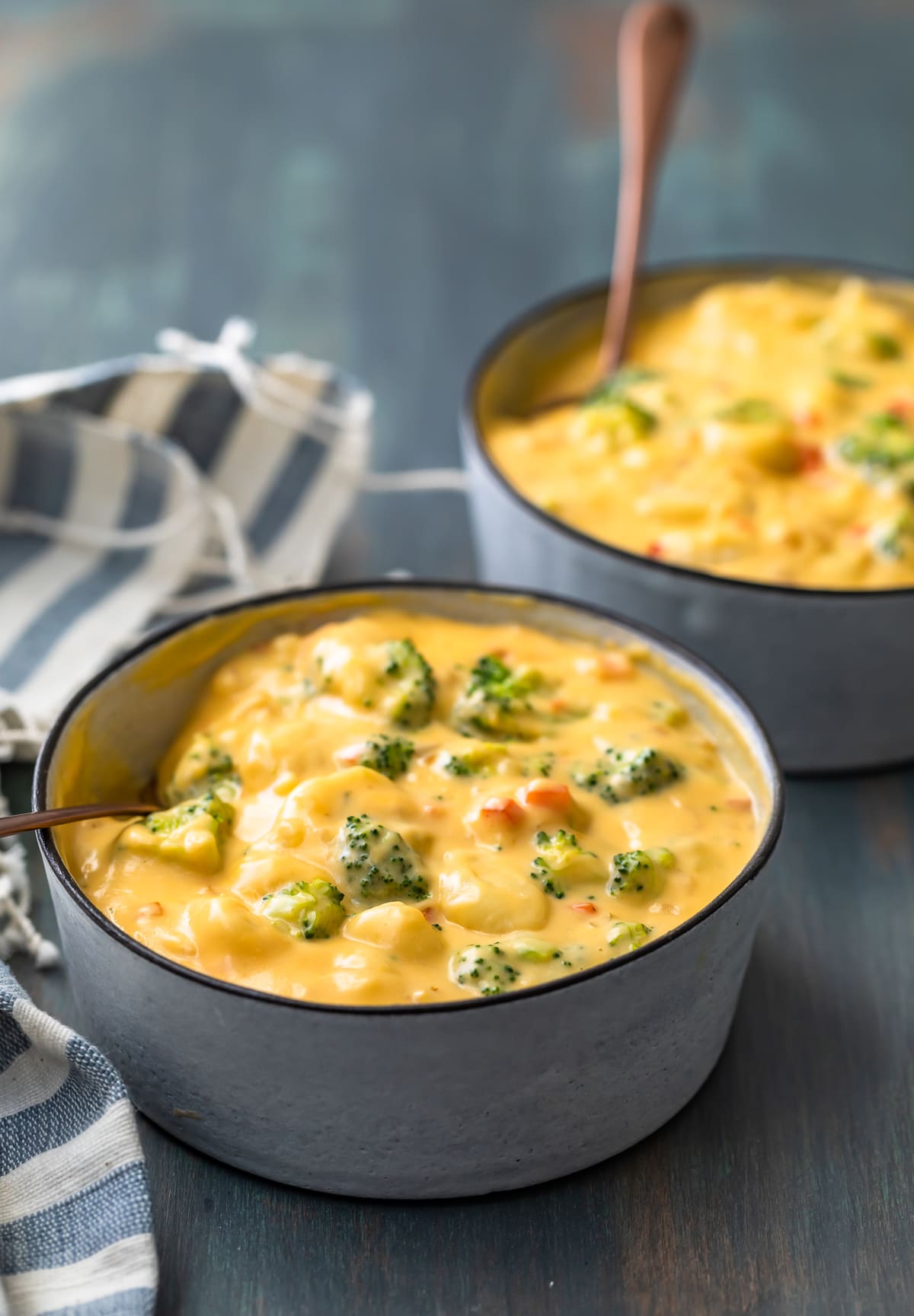 bowls of broccoli cheese soup