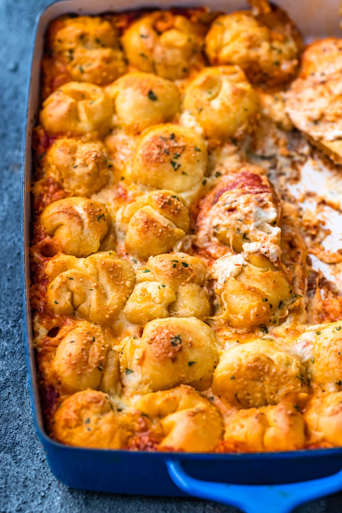 pepperoni, cheese, and garlic bread pizza casserole