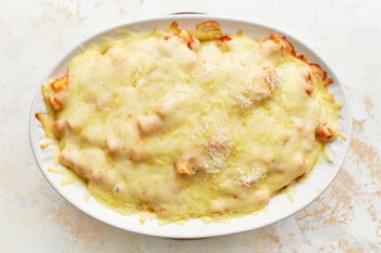 baked ziti in an oval baking dish.