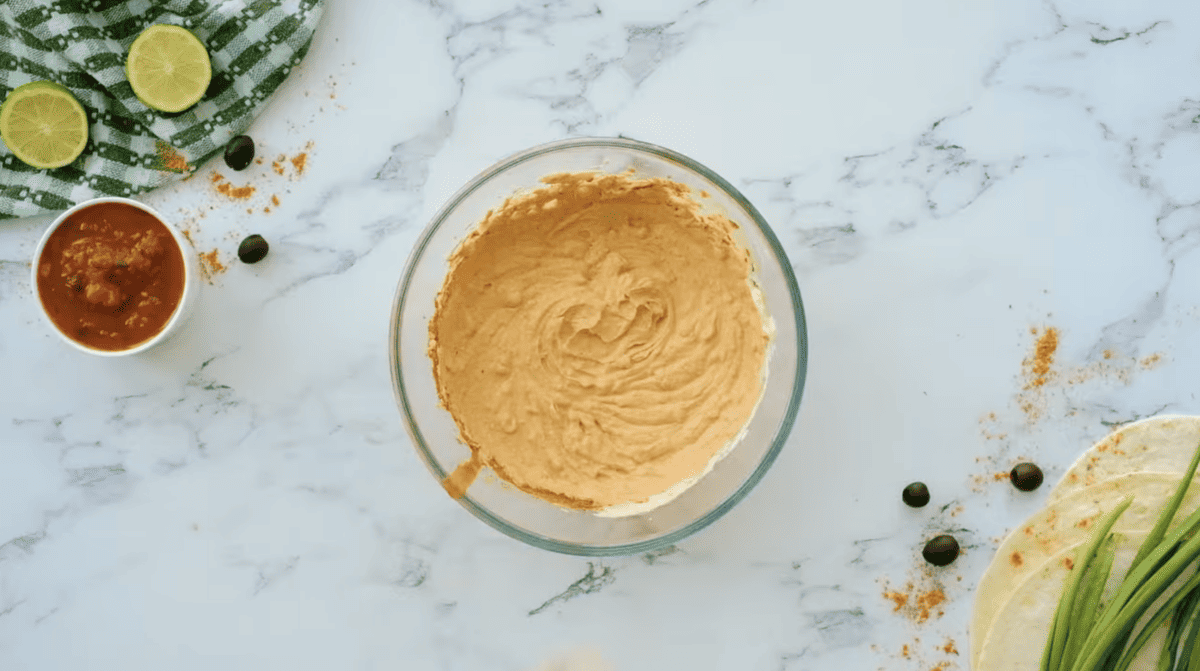 flavored cream cheese in a glass bowl.