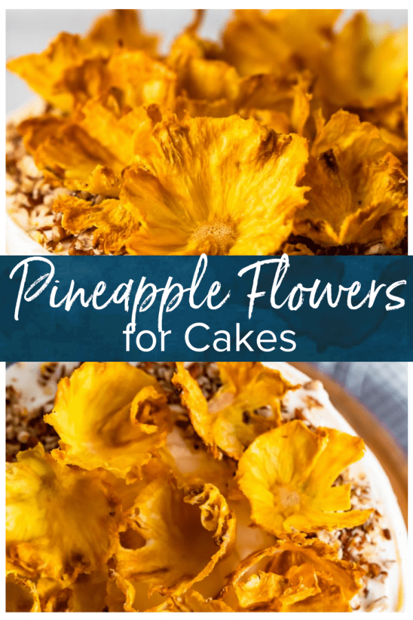 Dried Pineapple Flowers are a surprisingly easy way to make any cake look like it was decorated by a professional! Learn how to make flowers for cake out of pineapple, and every cake will look extra amazing for holidays and special occasions. Plus these dried pineapple slices make a great snack! #thecookierookie #pineapple #driedfruit #cakedecorating #cakes