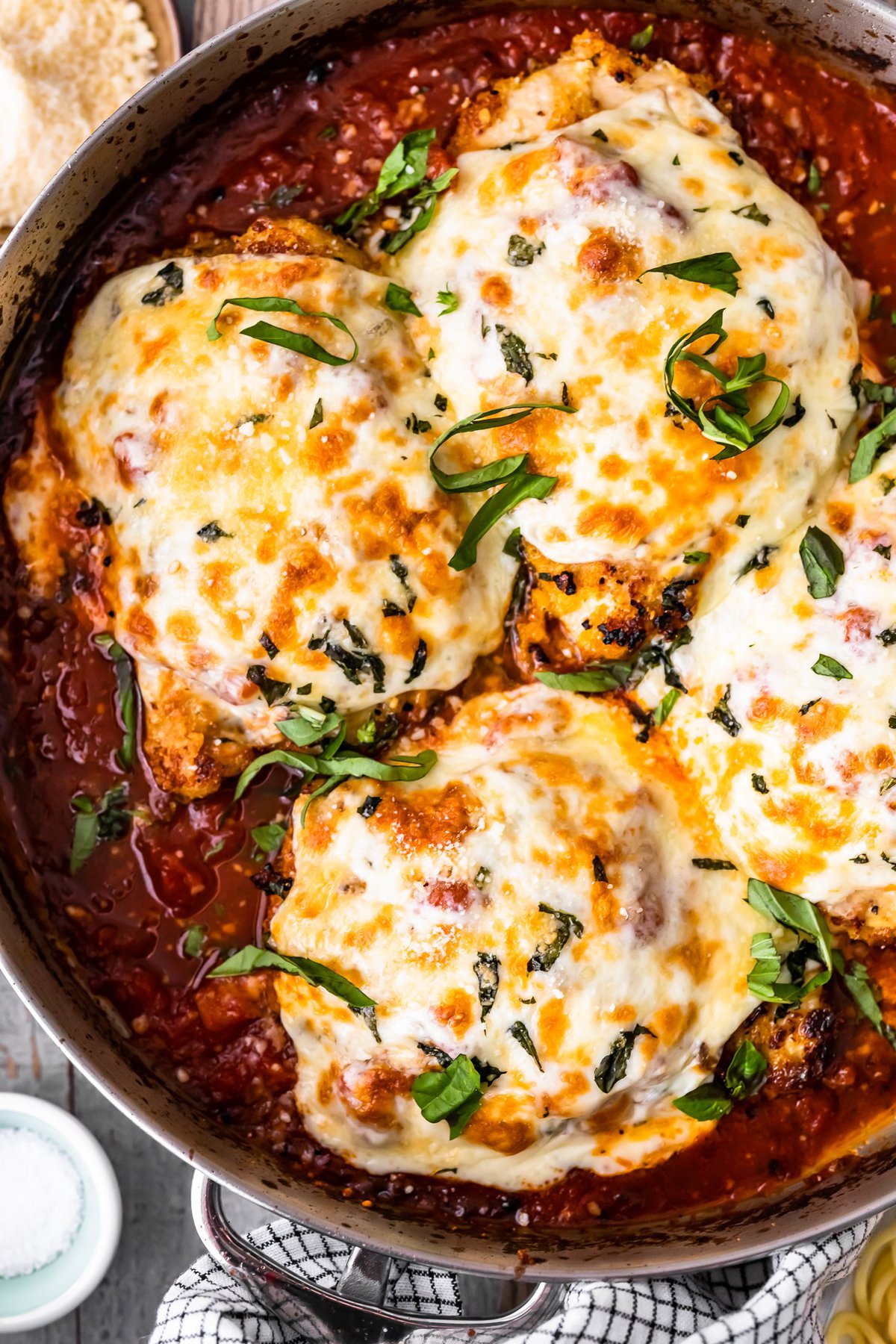 crispy chicken parmesan in a skillet