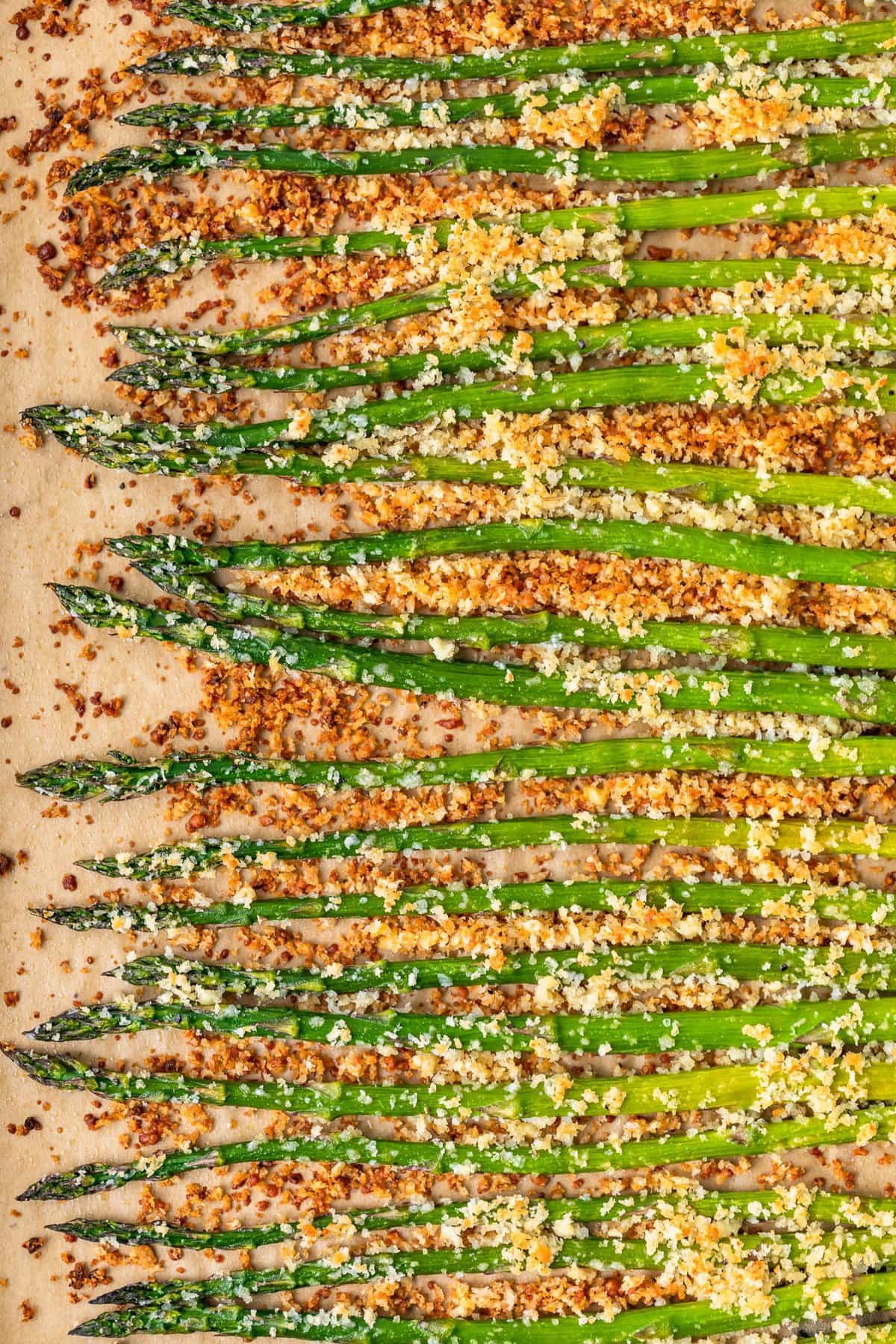 garlic roasted asparagus on a baking sheet