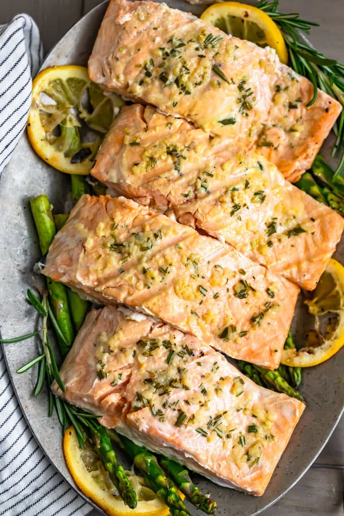 grilled salmon fillets on a serving platter