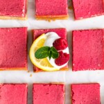 Raspberry Bars are a delicious and easy dessert to serve for any holiday, party, or summer afternoon. These fruity Raspberry Lemon Bars have the perfect flavor, the perfect texture, and the perfect pink color. Top them with some fresh fruit, powdered sugar, and whipped cream for a delightful treat!