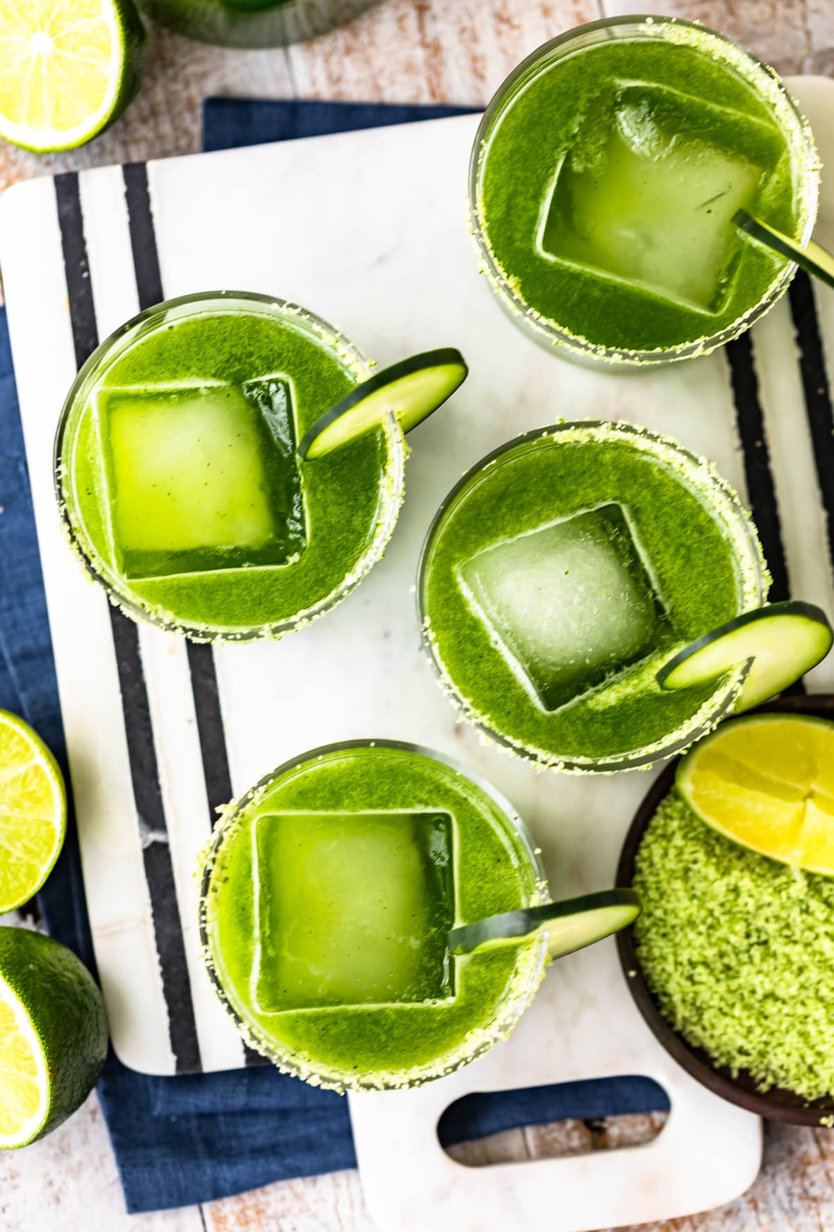 overhead picture of green cucumber jalapeno margaritas recipe