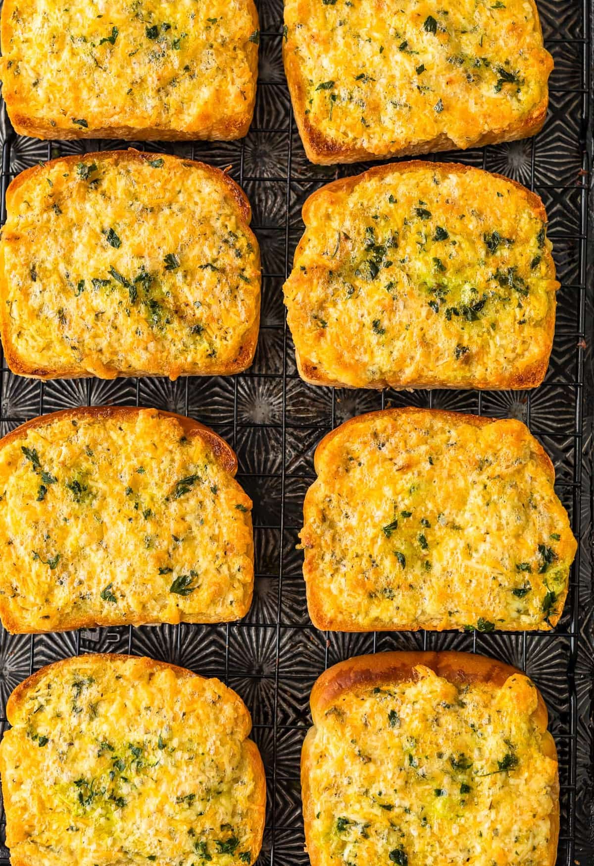 overhead shot of cheesy garlic bread on texas toast