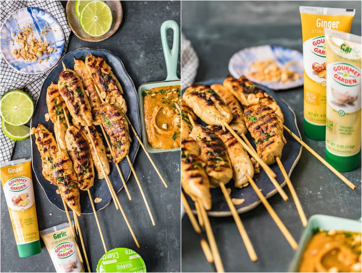 chicken skewers and ingredients arranged on a table