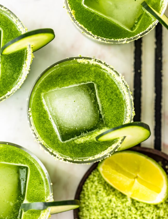 Cucumber margaritas with large square ice