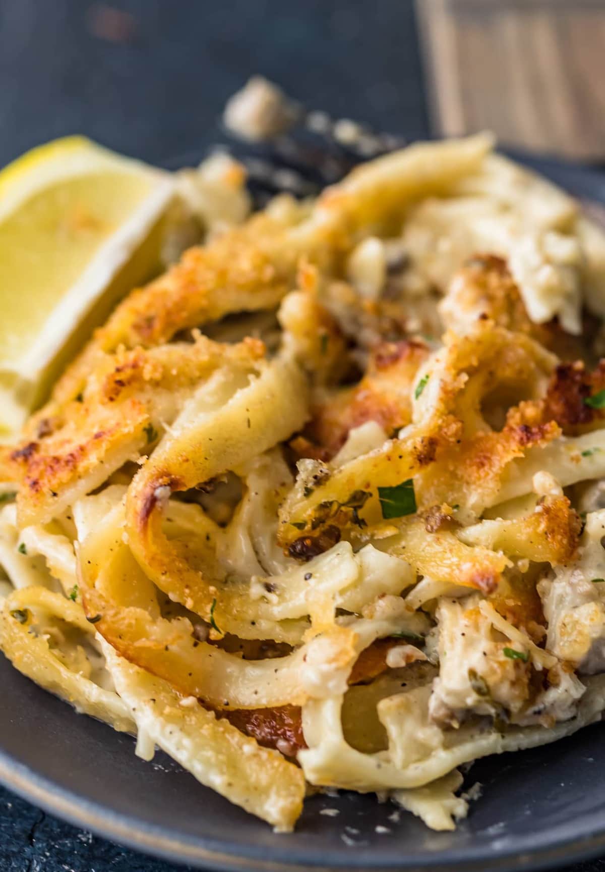 close up of chicken tetrazzini served on a black plate