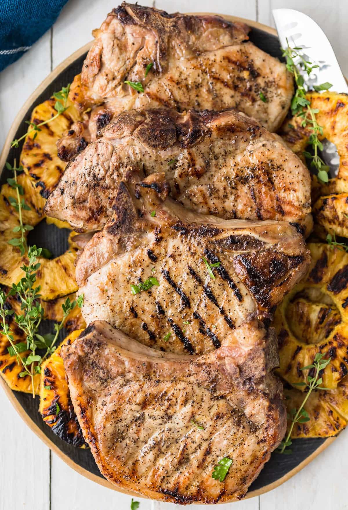 overhead view of grilled pork chops