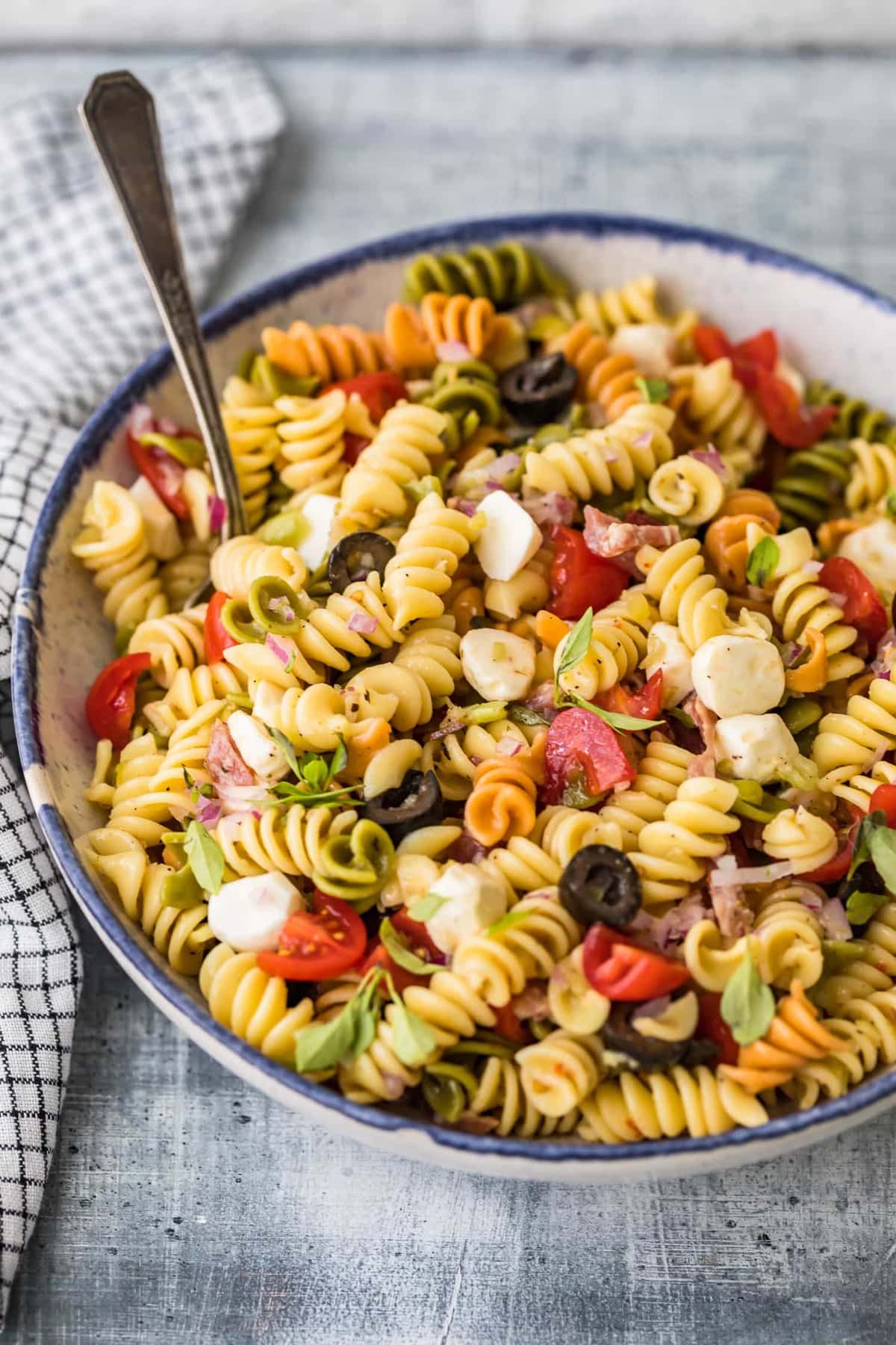 Classic Italian Pasta Salad Recipe served in a bowl with a spoon