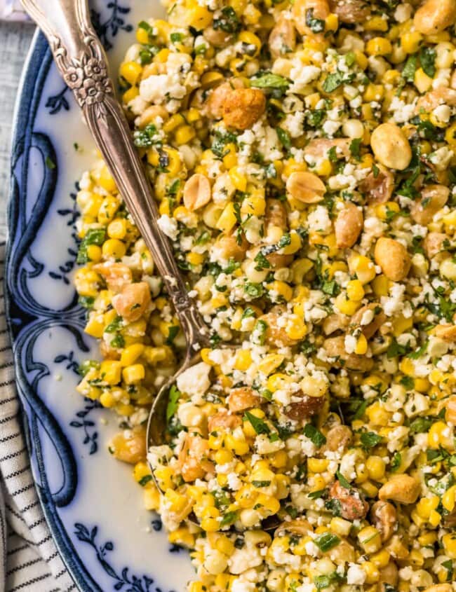 grilled corn salad in a bowl with a spoon