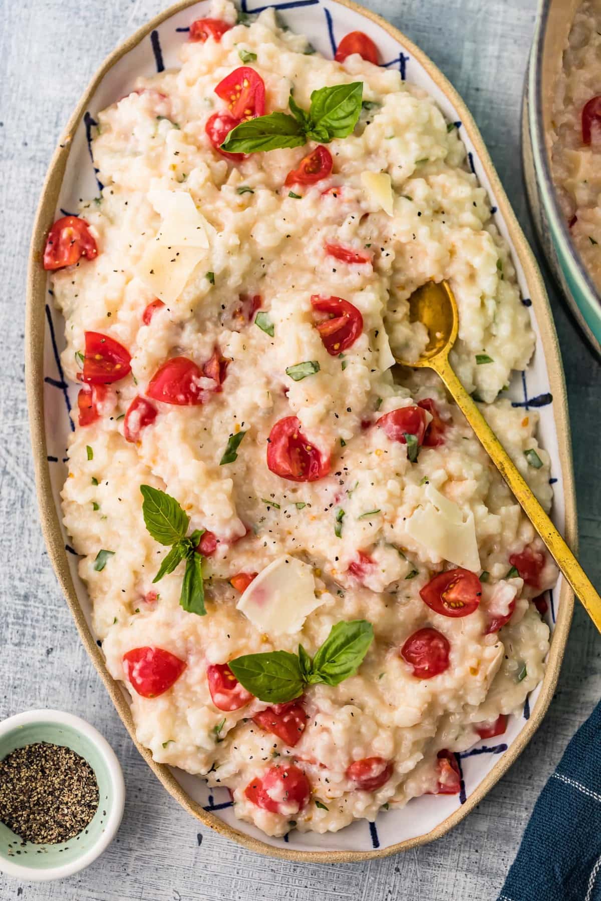 Top down shot of Oven baked risotto on a large serving dish