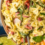 pesto pasta salad in a bowl