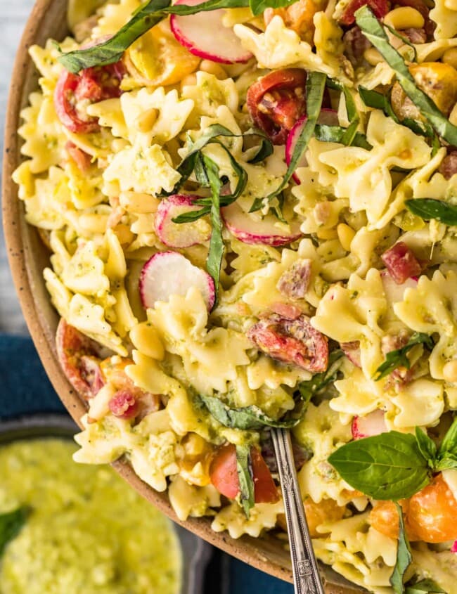 pesto pasta salad in a bowl