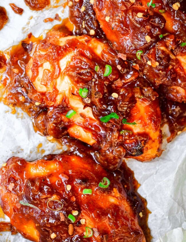 sweet and sour chicken breasts on a platter