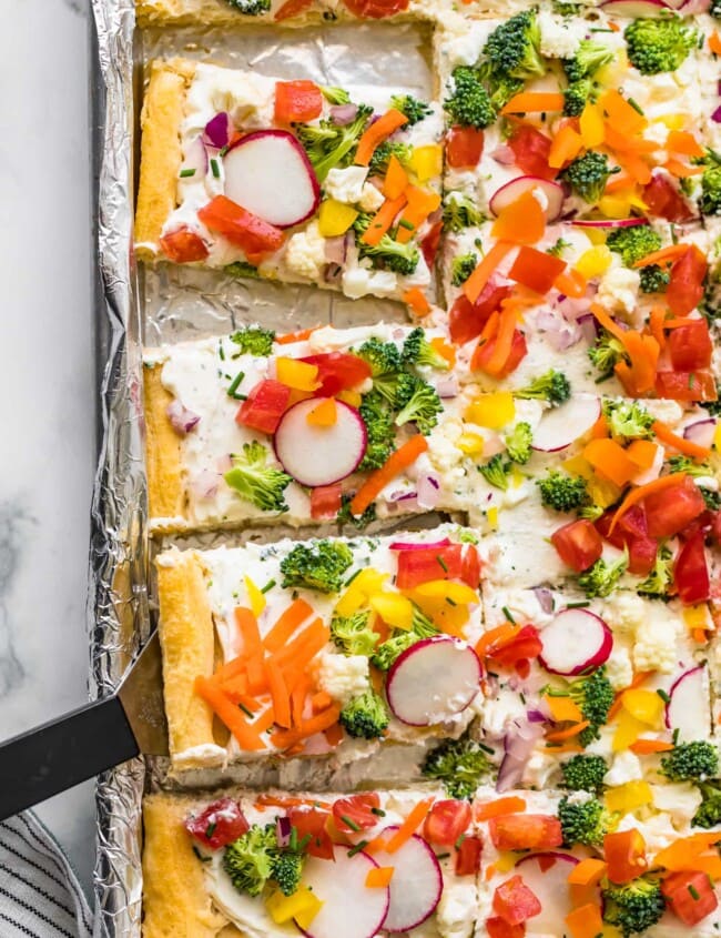 crescent roll veggie pizza on sheet pan