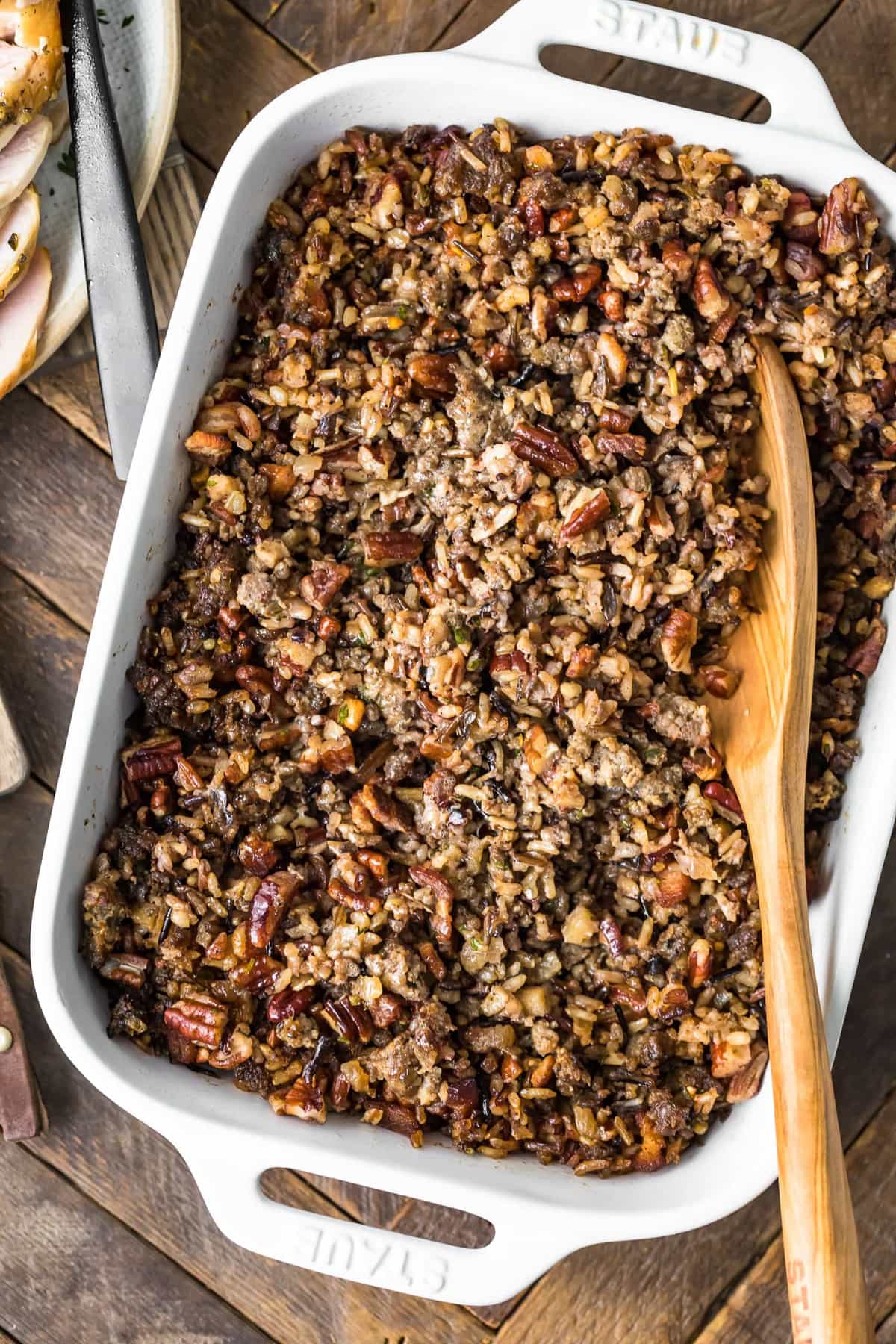 Baked stuffing in a white dish