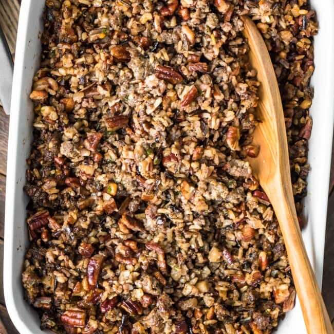 wild rice stuffing in baking dish