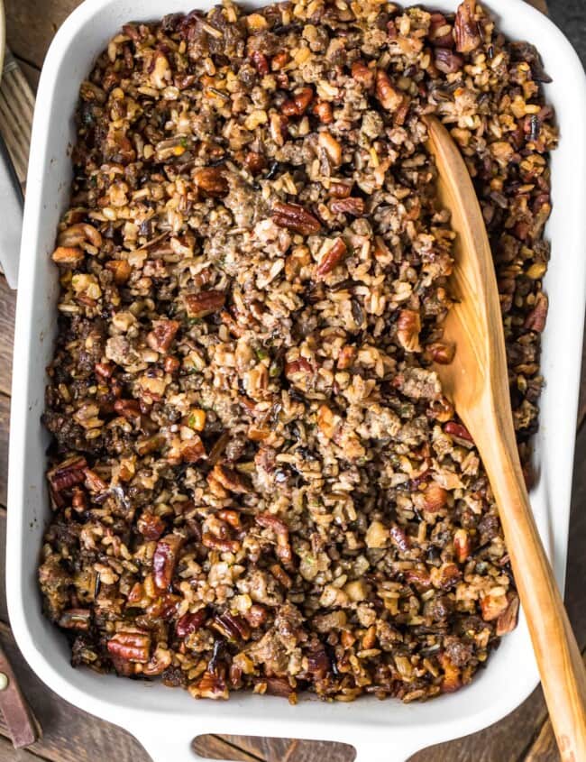 wild rice stuffing in baking dish