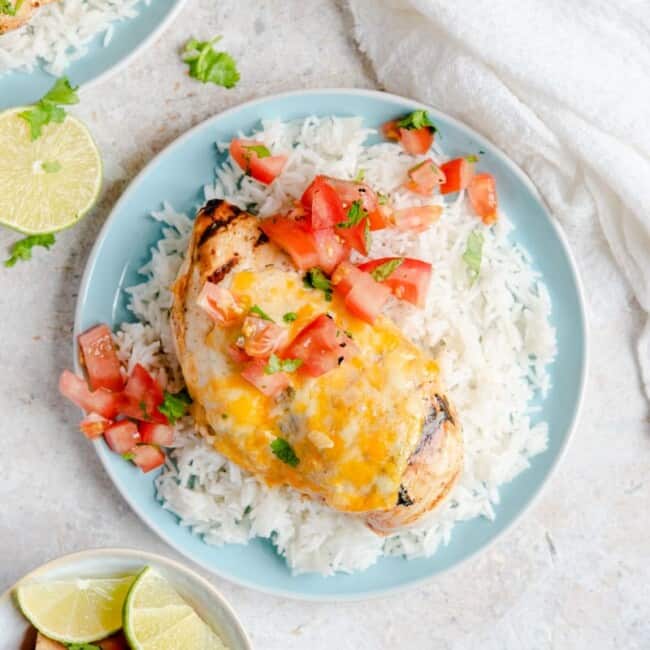 Tequila lime chicken on a blue plate