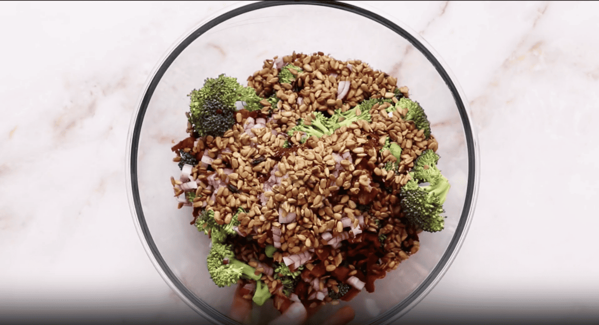 The best broccoli salad served in a marble countertop.