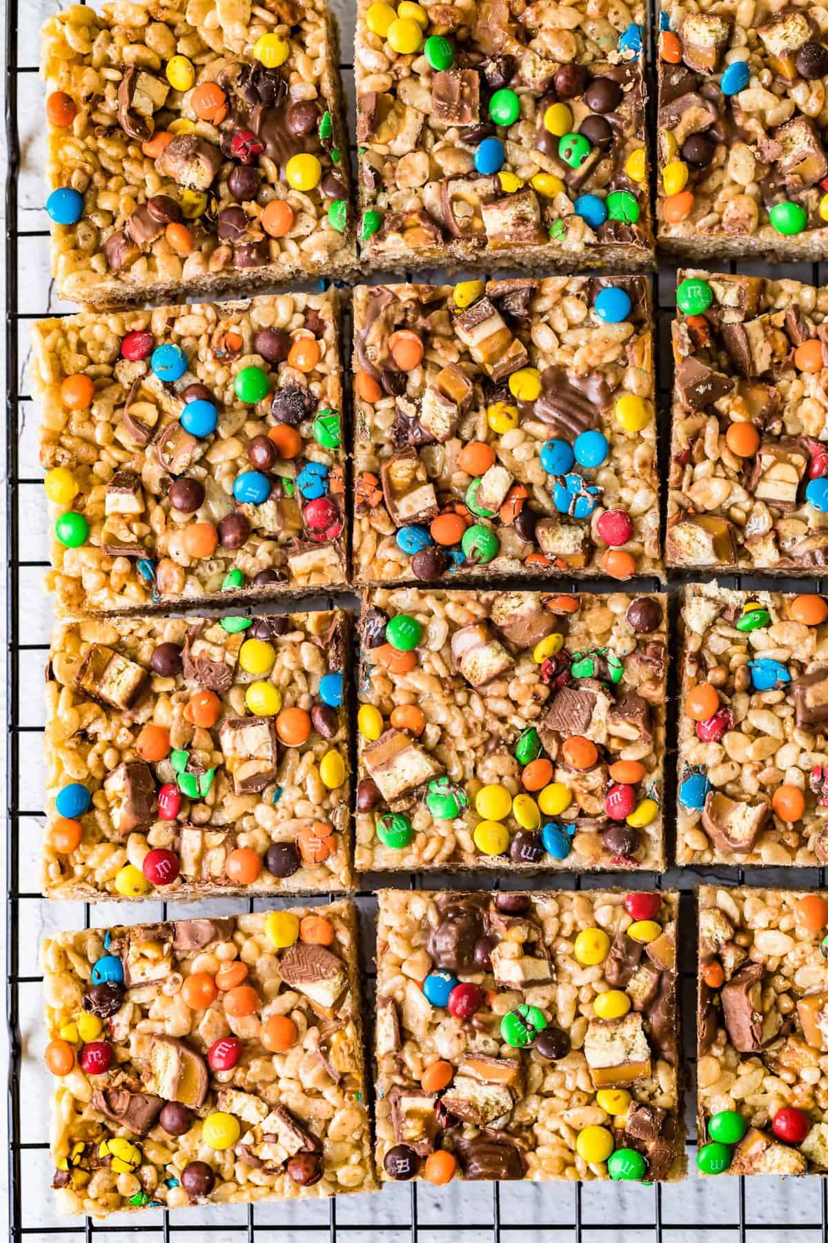 Candy rice crispy treats cut into squares