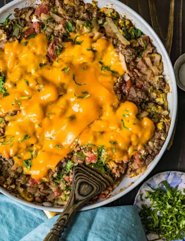 cheesy beef breakfast scramble in a pan