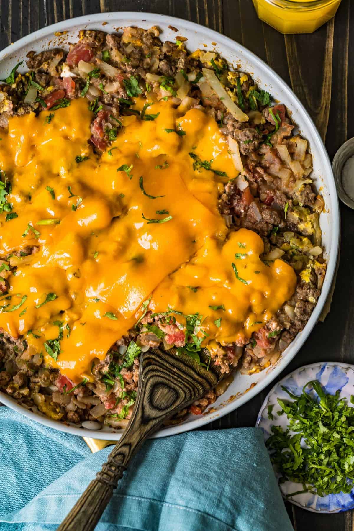 Beef Breakfast Scramble served in a white bowl