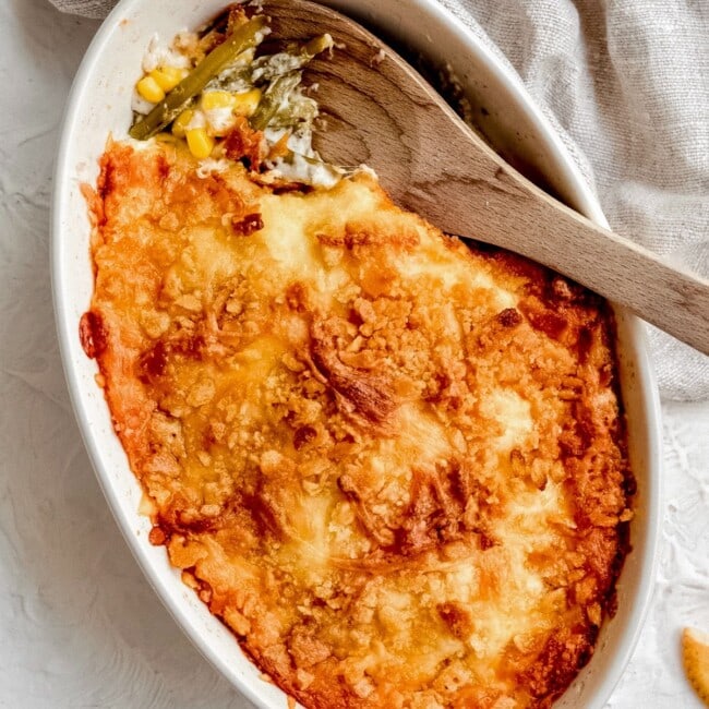 green bean corn casserole in a baking dish