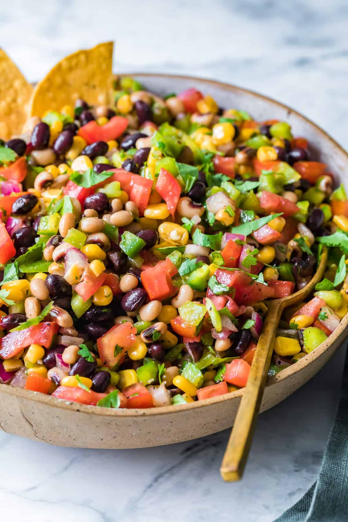 bean and vegetable salsa in a bowl with a spoon.